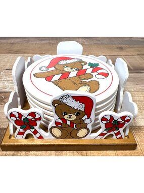 House Of Lloyd Christmas Teddy Bear Coaster Set & Holder